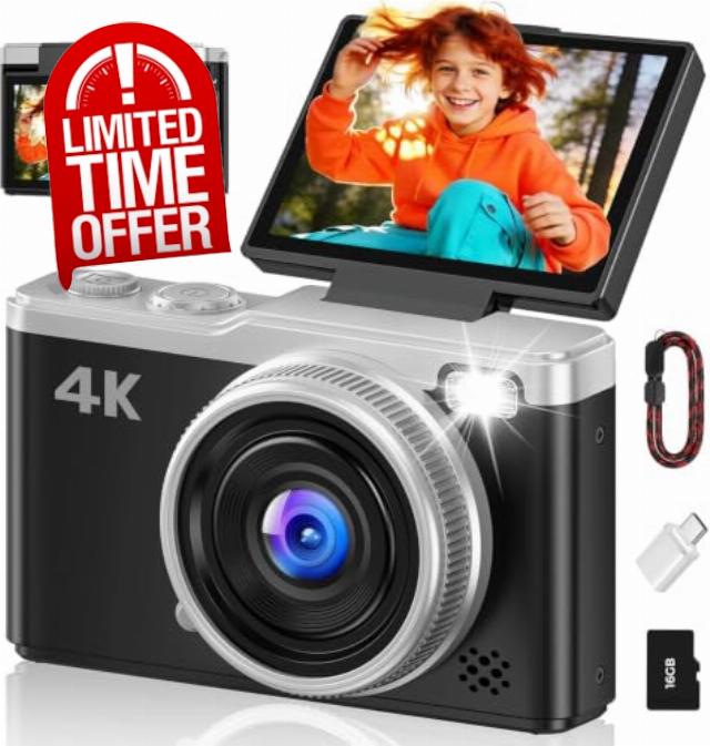 Digital Camera 4K 64MP Compact Vlogging Camera with 2.4" Flip Screen                                                          Maxmango Portable Photo Camera with 16X Zoom