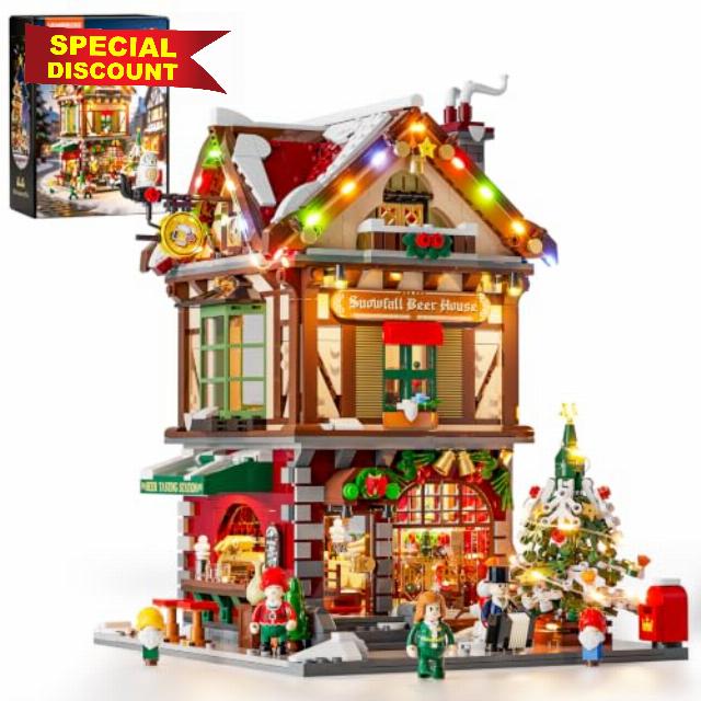 Lumibricks Town Life Christmas Pub Modular Building Set with Dynamic LED Lights