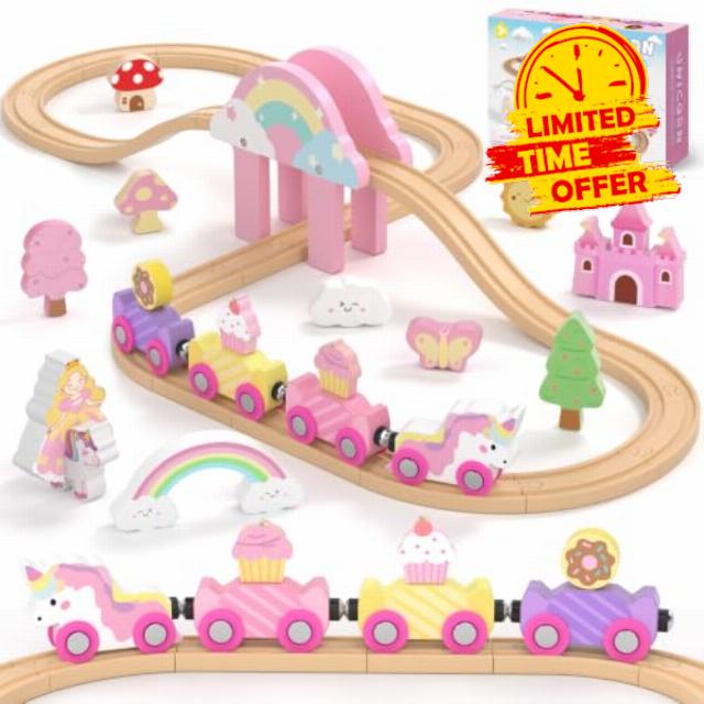Unicorn Gifts for Girls - Wooden Train Set Toddler Toys for Kids Ages 2-4                                                          Wooden Track with Candy Train Pink Toys Birthday Present for 3 4 5 6 Year Old Girls