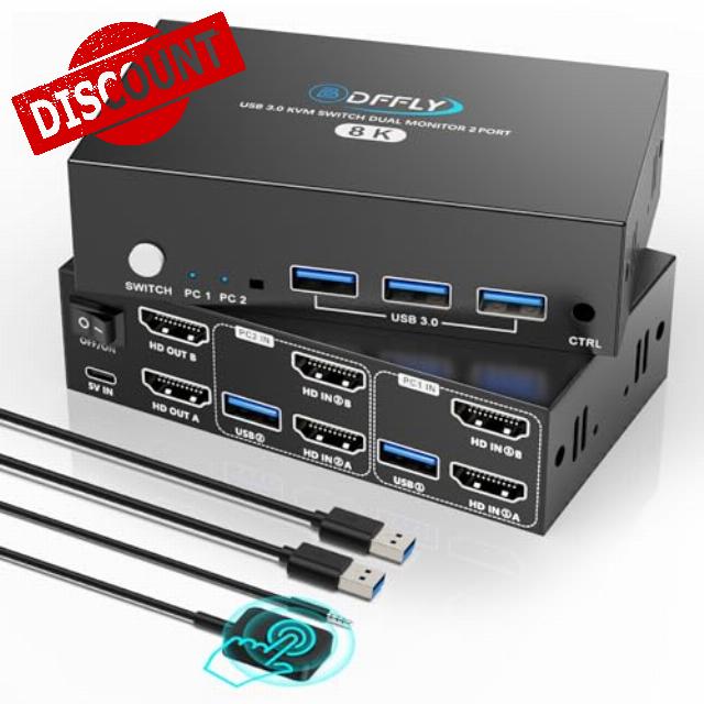 8K@60Hz HDMI KVM Switch 2 Monitors 2 Computers 4K@120Hz Dual Monitor KVM Switches Two Computers Share 4 USB 3.0 port