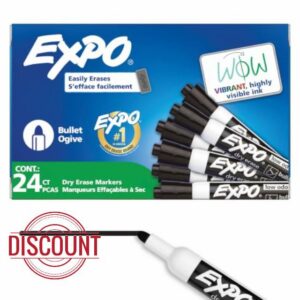 Expo Dry Erase Whiteboard Pens | Bullet Tip | Black Ink | 24 Count                                                          Whiteboard Markers with Smooth Low Odour Ink | Bullet Tip for Broad Lines | Writes on Glass