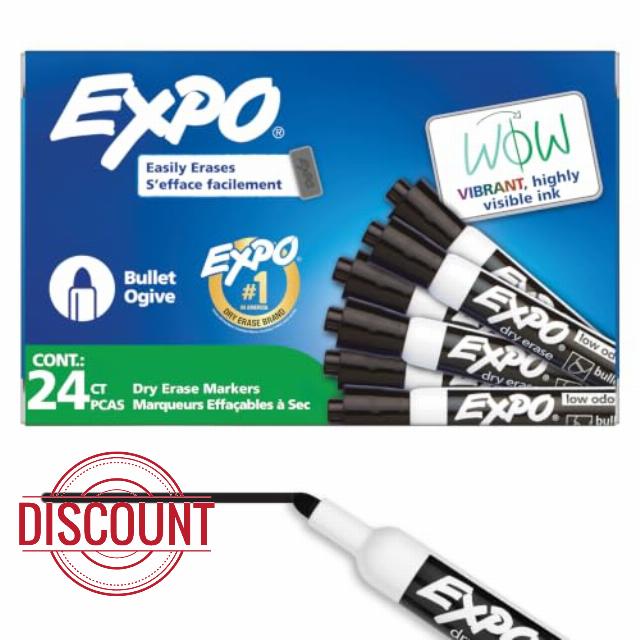 Expo Dry Erase Whiteboard Pens | Bullet Tip | Black Ink | 24 Count                                                          Whiteboard Markers with Smooth Low Odour Ink | Bullet Tip for Broad Lines | Writes on Glass