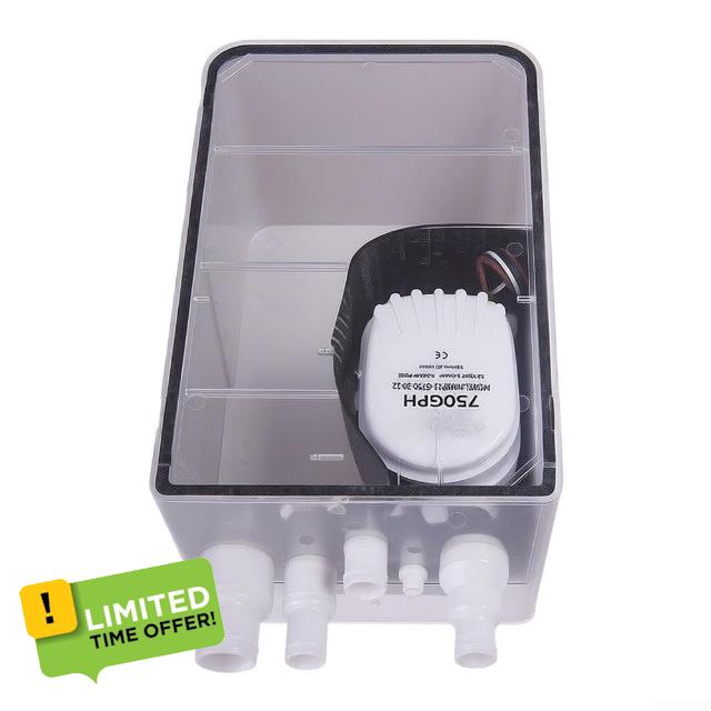 750GPH Shower Sump Pump Box 12V 24V Marine Bilge Pump Kit                                                          Transparent Cover and Filter for RV for caravan for camper Yacht Boat Cabin Wastewater Drainage System