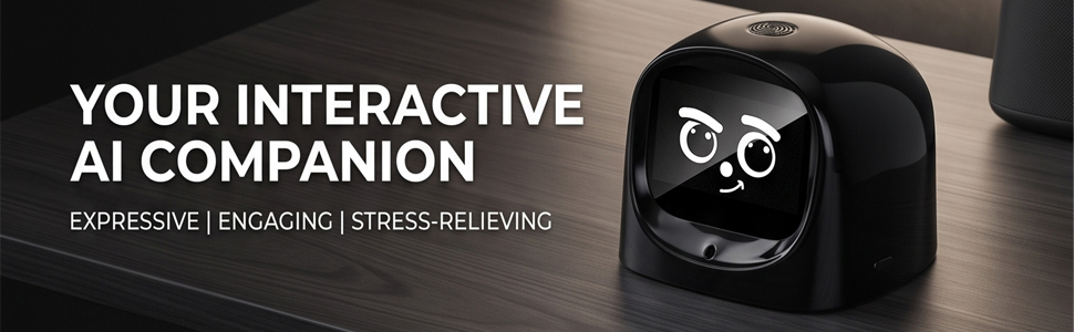 Text reads 'SMART RESPONSE SYSTEM - Perceives and reacts to your touch and actions with delightful expressions and sounds.' Black robotic device with expressive face display, hand touching screen.
