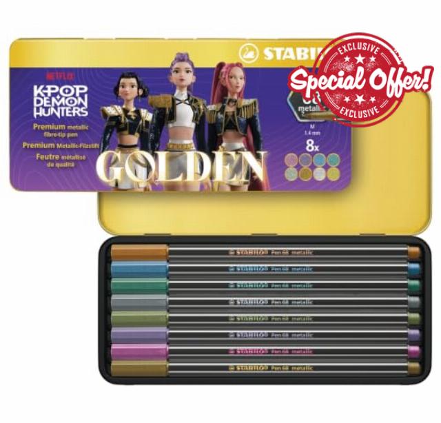 STABILO Pen 68 metallic KPop Demon Hunters                                                          Premium Metallic Fibre-Tip Pen - Metal Wallet of 8 - in Special "Golden" Desig