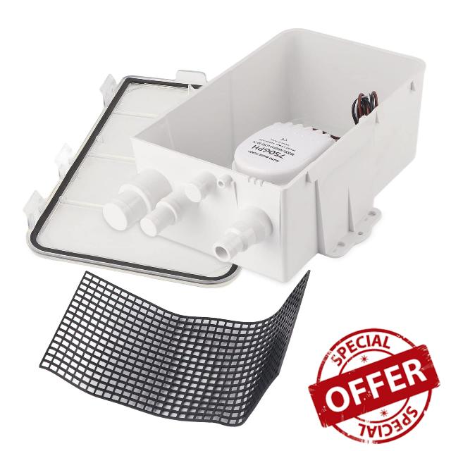 Topiky 750GPH Shower Sump Pump with Automatic Float Switch (24V)                                                          Multi Inlet Bilge Drain Box