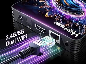 Text reads 'Android 14.0 TV Box'. Purple-lit promotional image showcasing compact black TV box with digital interface elements and technological features highlighted.