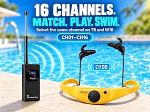 Text reads '16 CHANNELS. MATCH. PLAY. SWIM. Select the same channel on T6 and W18 CH01-CH16'. Waterproof walkie-talkie radio and yellow underwater drone with dual propellers displayed poolside.