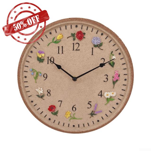 Waterproof Resin Wall Clock 12-Inch Decorative Outdoor Clock With 12 Colorful Flowers Anti-Fog Feature IP44 For Garden Poolside Hotel Easy Installatio