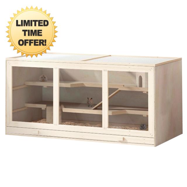 PawHut Wooden Hamster Cage Openable Top for Dwarf Hamster Tray Natural                                                          Small Animal Habitat