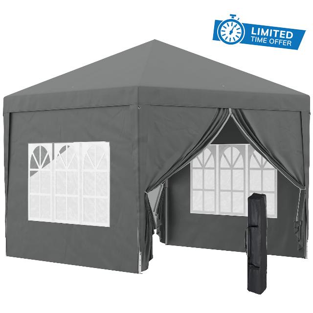 Outsunny 3 x 3 m Garden Pop Up Gazebo with Sidewalls Water Resistant Grey                                                          Wedding Party Tent Marquee