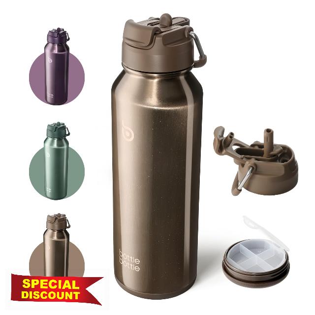 bottlebottle Insulated Water Bottle with Straw 1180ml(40oz) Sports Stainless Steel Water Bottles with Handle Lid Outdoors Drink Flask for Pills (Stardust Gold)