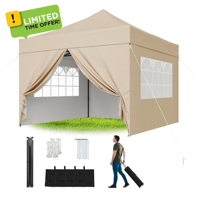 Aoxun Pop Up Gazebo with Sides 3m x 3m Waterproof Heavy Duty Tent Beige                                                          3x3 gazebo with sides