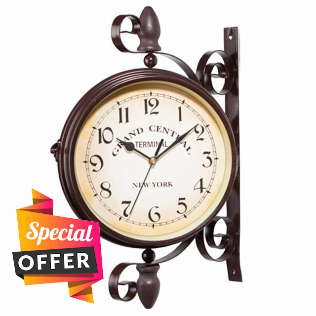 Double Sided Clock Vintage Station Clock Metal Corner Hanging Garden for Wall Home Decor No Battery
