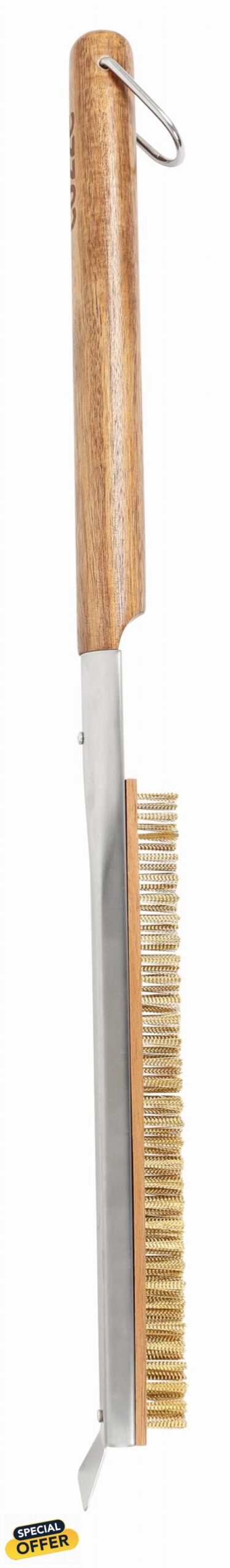 Cozze® Acacia Wood Grill Brush & Pizza Stone Cleaner - Copper Bristles & Stainless Steel Scraper - High Quality Cleaning Brush with Leather Strap - Perfect for Cooking Grates & Pizza Stones