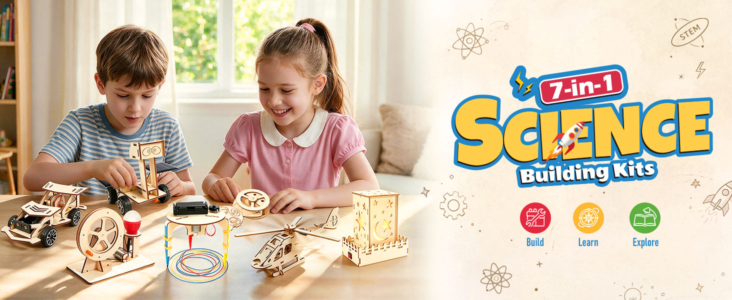 Text reads '4 in 1 SCIENCE'. Two children performing science experiment with colorful educational kit on table near window with natural lighting.