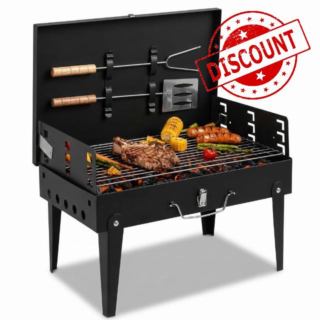 Foldable Charcoal BBQ Grill with Tool Hooks