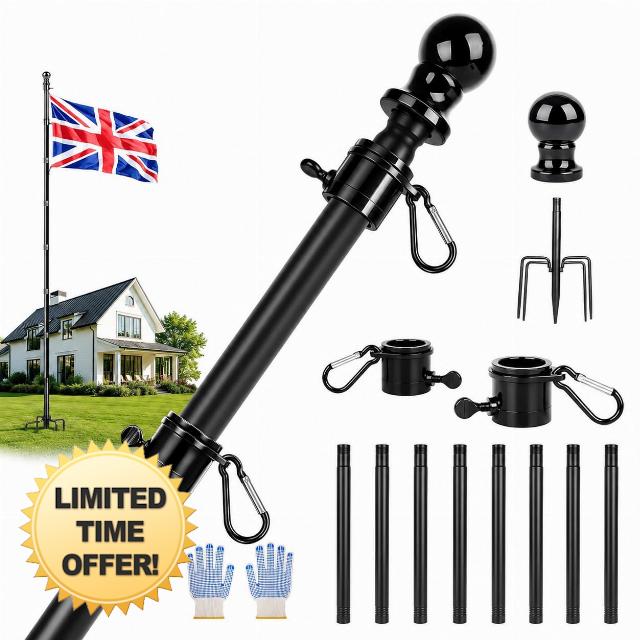 12FT Flag Pole for Garden with 5-Prong Base and Tangle-Free Rings