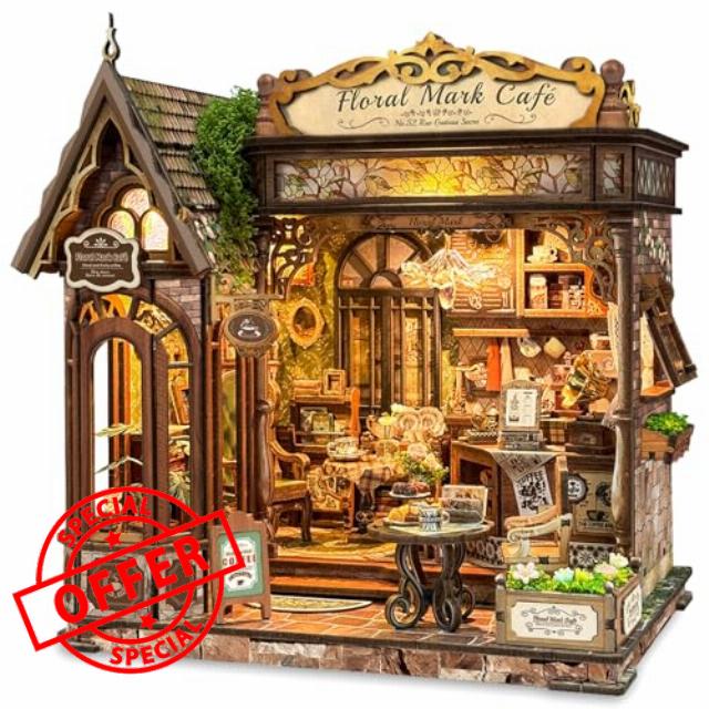 3D Wooden Puzzle Book Nook Kit for Adults with LED Lights                                                          DIY Miniature House Kit
