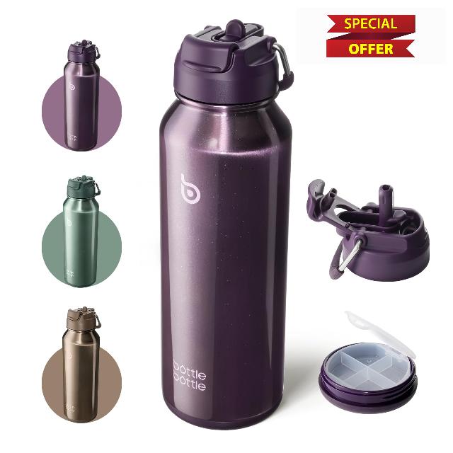 bottlebottle Insulated Water Bottle with Straw 1180ml(40oz) Sports Stainless Steel Water Bottles with Handle Lid Outdoors Drink Flask for Pills (Cosmic Violet)