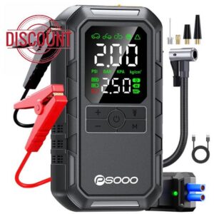 PSOOO Jump Starter Power Pack 8000A with Air Compressor 150PSI Portable Tyre Inflator 12V Car Battery Booster Pack with LCD Display LED Light for Petrol/Diesel Engines (Up to 7.0L Gas/5.5L Diesel)