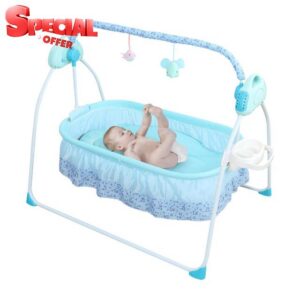 Electric Baby Cradle Swing 5 Speed Portable Foldable Baby Bassinet                                                          Bluetooth Music USB Control Cradle with Timing Function Safety Straps and Toy Rack for 0-18 Months Infants