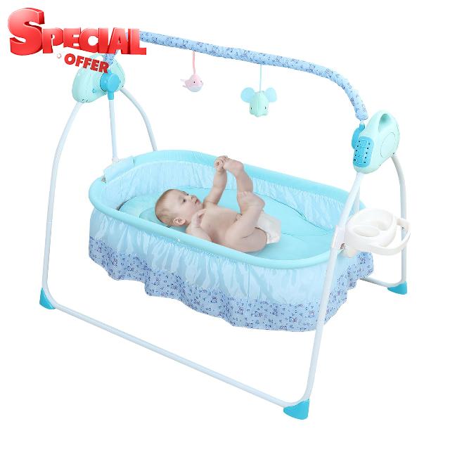 Electric Baby Cradle Swing 5 Speed Portable Foldable Baby Bassinet                                                          Bluetooth Music USB Control Cradle with Timing Function Safety Straps and Toy Rack for 0-18 Months Infants