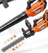 Orange and gray work gloves displayed alongside orange cordless trimmer with green LED light base, dual black cables, water spray demonstration effect. Product showcases protective hand gear and electric garden tool.