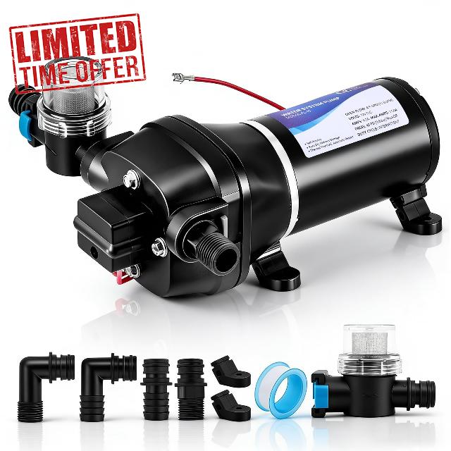 12V Water Pump Large Caravan Water Pump 4.5 GPM 45 PSI                                                          Self-Priming Diaphragm Pump with Automatic Pressure Switch for Caravan