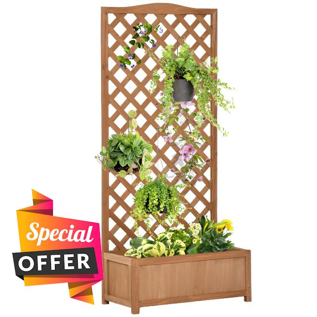 Outsunny Wooden Planter with Trellis for Garden 76 x 36 x 170 cm Brown                                                          Freestanding Raised Bed