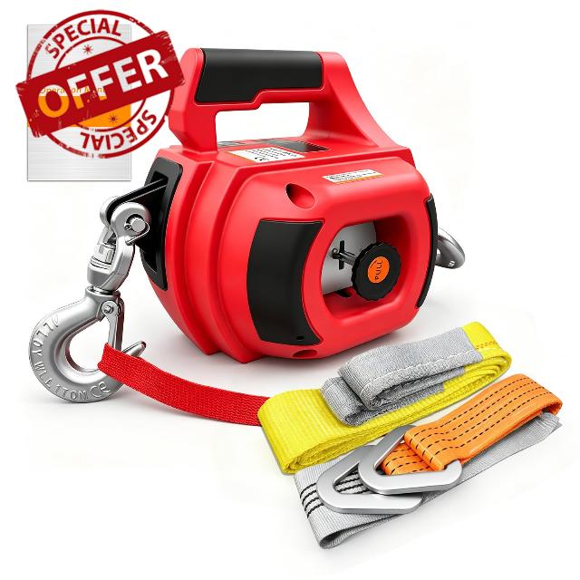 1000LBS Portable Handheld Drill Winch w/D-Ring Strap & Tow Straps                                                          40FT New Anti-twist Cable