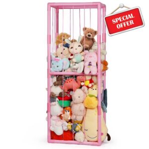 Stuffed Animal Zoo Storage Stuffed Animal Holder PVC Plush Storage Organizer Shelf with Elastic Band for Nursery Play Room Bedroom (Pink)
