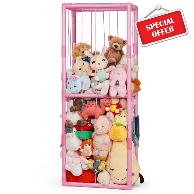 Stuffed Animal Zoo Storage Stuffed Animal Holder PVC Plush Storage Organizer Shelf with Elastic Band for Nursery Play Room Bedroom (Pink)