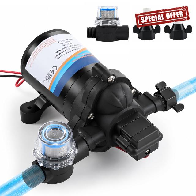 Caravan Water Pump 12V 3.5GPM 45PSI RV Self-Priming Diaphragm Water Pump with Heavy Duty Pressure Switch and Strainer for Caravan