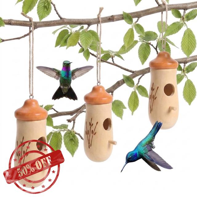 Wooden Hummingbird House Nesting Box with Hanging String 3 Pcs                                                          Handcrafted solid wood acorn-shaped bird nests featuring durable hanging ropes for charming outdoor garden decor.