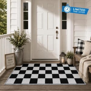 3x5 Ft Black and White Checkered Outdoor Rug Waterproof Plastic Straw Woven Reversible Patio Mat for Porch Deck Balcony Halloween Decor Camping RV Picnic