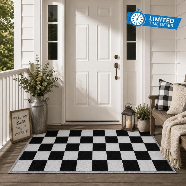 3x5 Ft Black and White Checkered Outdoor Rug Waterproof Plastic Straw Woven Reversible Patio Mat for Porch Deck Balcony Halloween Decor Camping RV Picnic