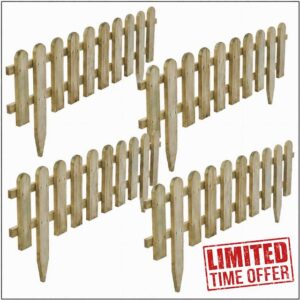 Pack of 4 Wooden Garden Picket Fence Panels | 99 x 40cm Decorative Lawn Edging Border | Natural Wood Garden Fence for Flower Beds