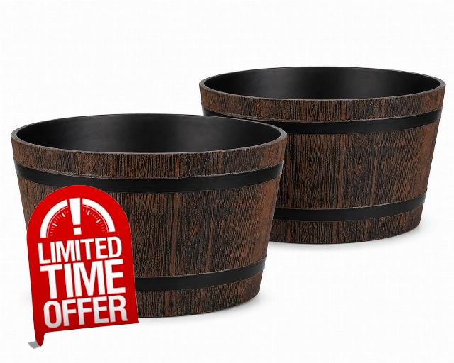 Muddy Hands Wooden Barrel Effect Water Feature Container 21 Litre Rustic Outdoor Garden Pond Bowl