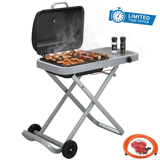 Outsunny Foldable Gas BBQ Grill with Side Table Thermometer 2.5 kW Black                                                          Portable Gas Barbecue Grill with Folding Trolley
