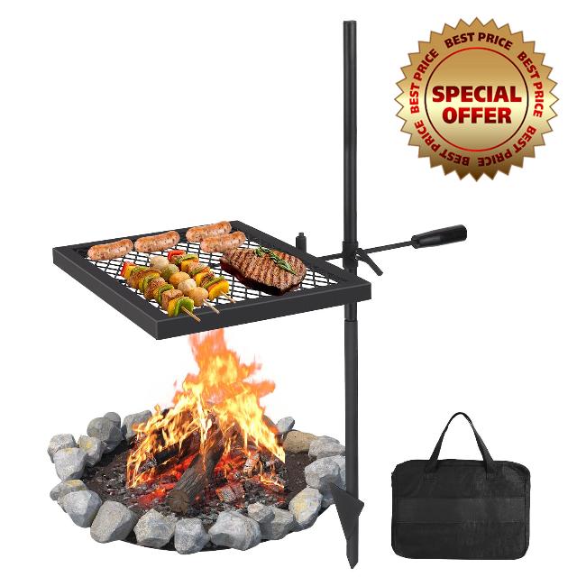 360° Swivel Campfire Grill - Heavy Duty Adjustable Steel Grate for Outdoor Cooking