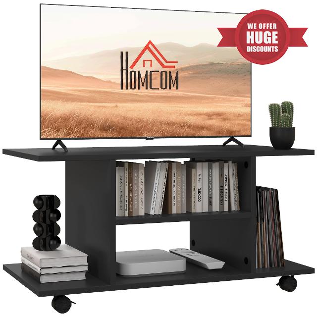 HOMCOM Modern TV Cabinet Stand Storage Shelves Table Mobile Black                                                          Bedroom Furniture