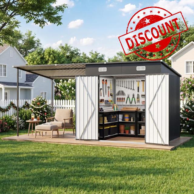 Aoxun 7×6ft Metal Storage Shed with Canopy