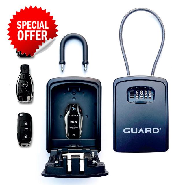 GUARD® G.LOCK XL key lock box fits most modern car keys. Heavy duty aluminium alloy. Cable & D-Bar included with 4 digit combination. For surfing & outdoor sports. Includes wall mounting kit.