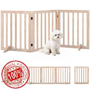 PawHut Wooden Dog Gate 3-Panel Freestanding Pet Gates Indoor 61H cm Natural                                                          2 Support Feet