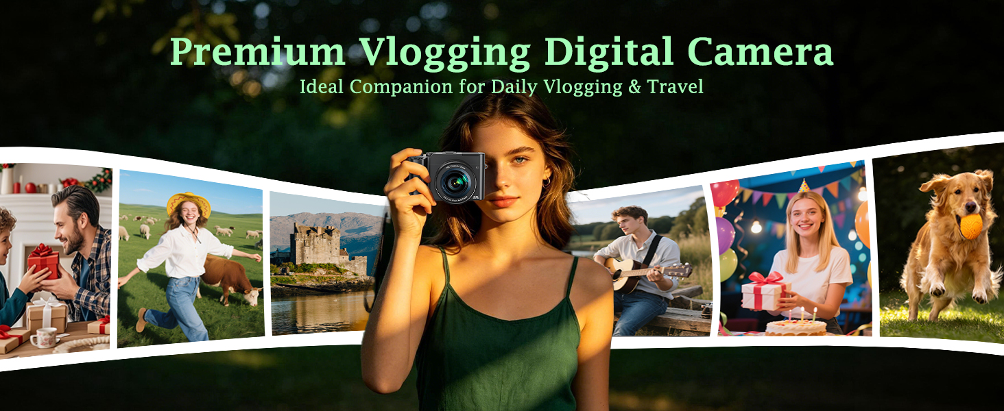 Text reads "Premium Vlogging Digital Camera" and "4K60 Composition for Vlogging & Travel". Collage featuring woman holding camera with multiple lifestyle photos displayed showing travel and vlogging content.