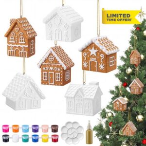 Civaner 6 Sets Ceramic Gingerbread House DIY Kit Unpainted with Paints                                                          Christmas Craft Painting Activity