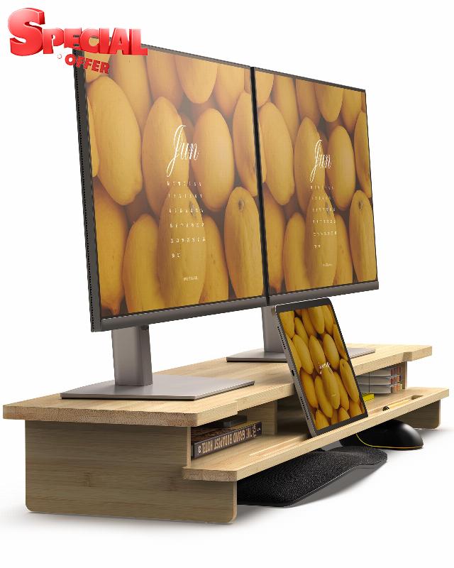 WELL WENG 42.5” Dual Monitor Stand with Phone & Tablet Holder Desk Shelf                                                          Bamboo monitor Riser for 55-72 inch Desk Cozy Computer Setup Workplace Organizer Keyboard Storage Ergonomic