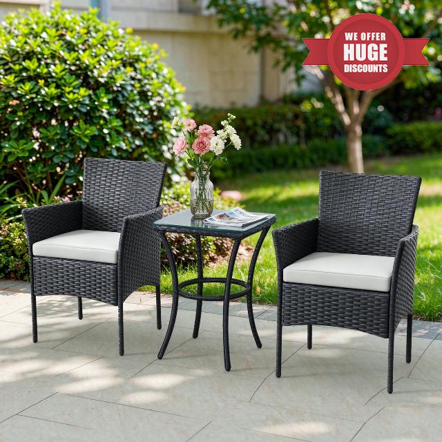 3 Pieces Rattan Bistro Set for 2 Garden Table and Chairs Black                                                          All-weather Rattan Patio Furniture Set | Tempered Glass Table | Machine-Washable White Cushions | Fits Patio Balcony & Garde