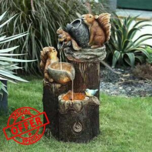Solar Squirrel Fountain Statue with LED Light - Water Feature for Garden Patio Decoration